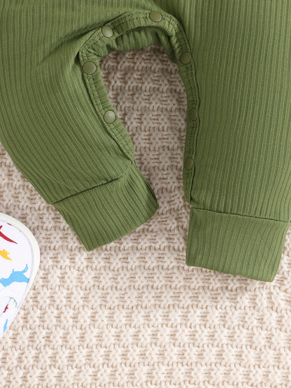 Conjunto de 2 peças de macacão curto casual para bebês meninos, cor sólida + estampa de dinossauro, ideal para primavera e outono.