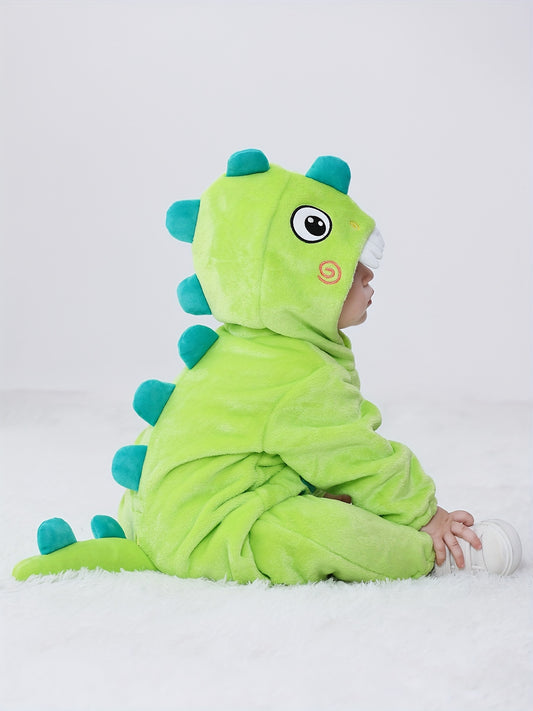 Macacão infantil fofo com capuz e mangas compridas, estampa de dinossauro de desenho animado. Ideal para festas e uso casual ao ar livre na primavera, outono e inverno.