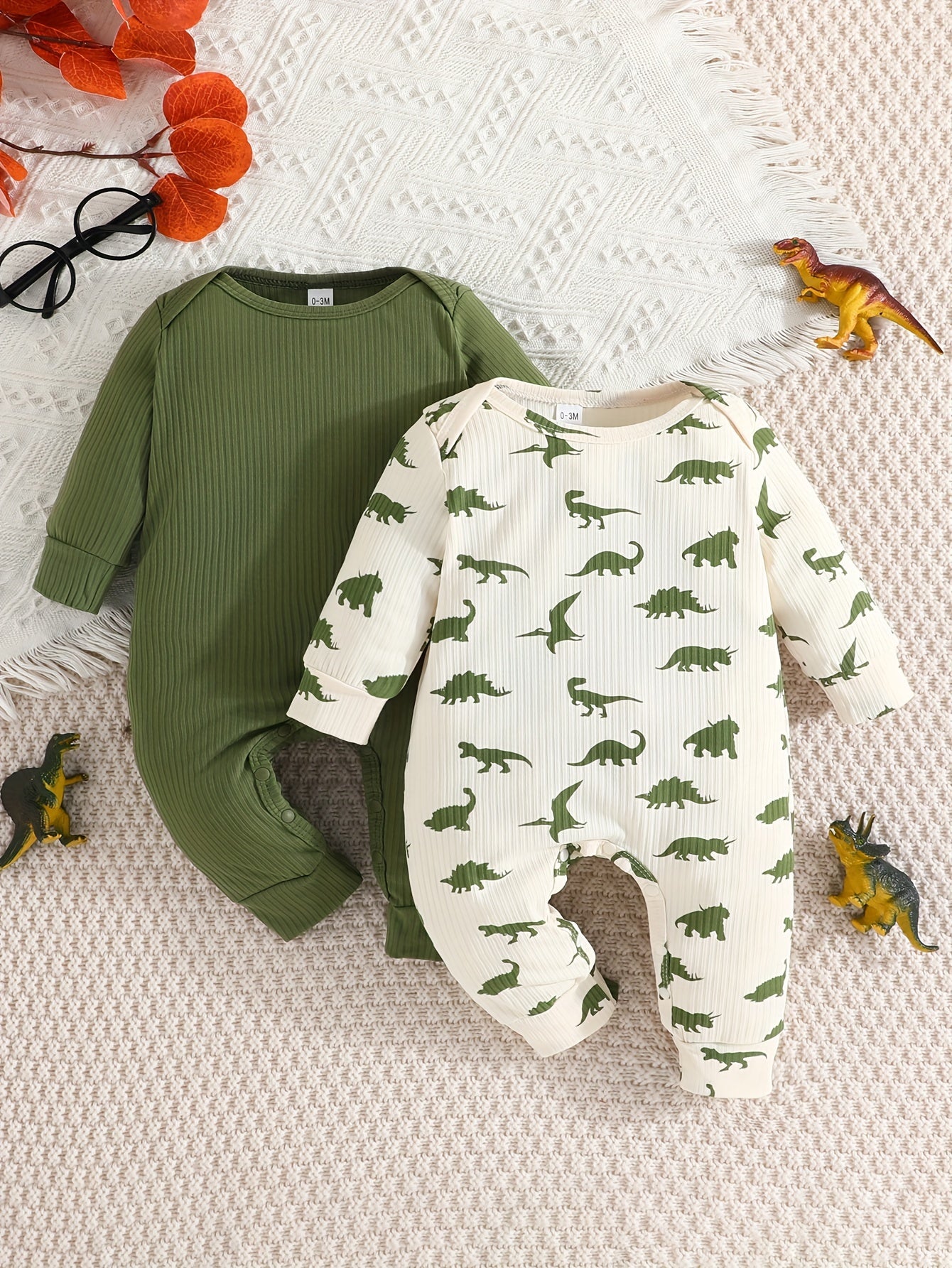 Conjunto de 2 peças de macacão curto casual para bebês meninos, cor sólida + estampa de dinossauro, ideal para primavera e outono.
