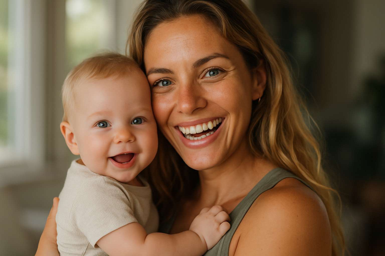 Mãe loira de olhos azuis abraçando bebê